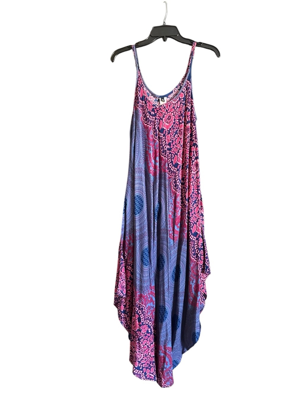 Coco Beach Boho Spaghetti Strap Asymmetrical Hem Dress in Blue & Pink. One Size